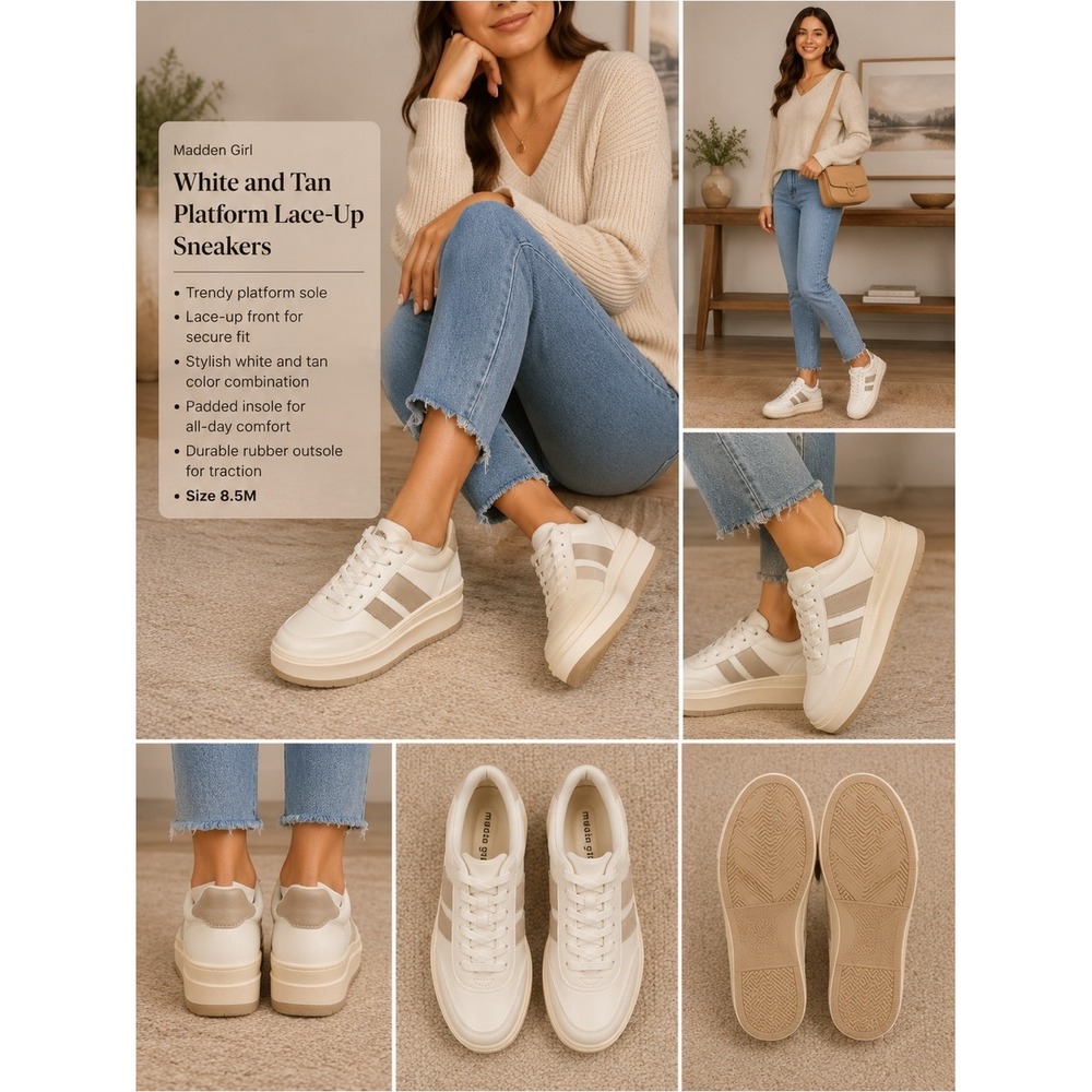 Madden Girl White and Tan Platform Lace-Up Sneakers 8.5M‎ NEW